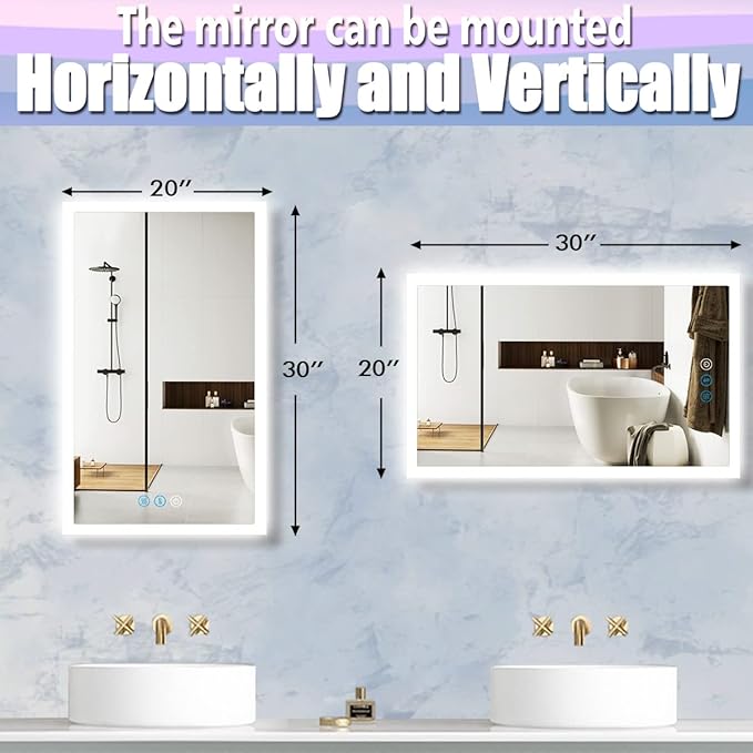 30 x 20 Inch LED Vanity Mirror with Backlits Anti-Fog 3 Color Dimmable Backlit Lighted Mirror for Bathroom Wall Horizontal Vertical Mounted 30" Frameless Smart Light up LED Bathroom Mirrors
