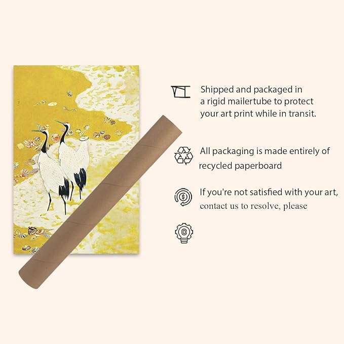 OZCONO Japanese Crane Beach Art Print, Unframed Gallery Quality Giclée Print, Yellow Coastal Bird Wall Decor with UV Resistant Inks (24L x 16W)