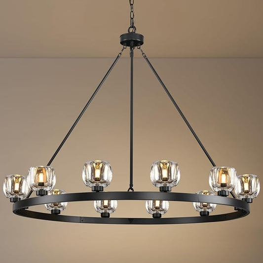 Black Wagon Wheel Chandelier, 48 Inch Black Chandeliers with Unique Glass Shade, 12-Light Crystal Large Wagon Wheel Chandeliers for Dining Room, High Ceiling Round Chandelier for Living Room, Foyer
