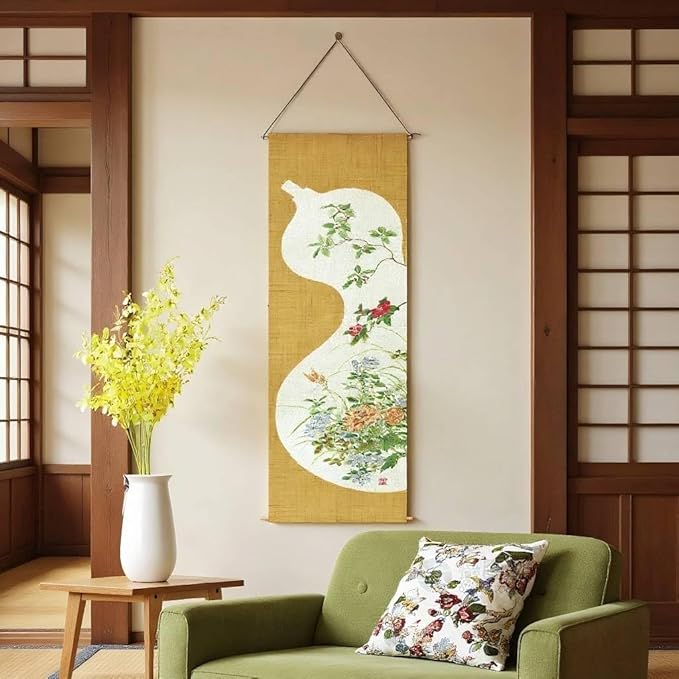 Japanese Tapestry Wall Art - Good Fortune Feng Shui & Lucky Symbols | W15.7xH47.2", Extra Long Vertical Hanging Decor for Bedroom, Living Room, Office | Washable Fabric (Gourd) CTT-37