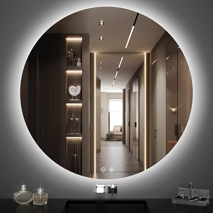 40 Inch Round LED Bathroom Mirror - 6000K Daylight Backlit, Anti-Fog & Dimmable, Frameless Waterproof Mirror with Touch Control, CRI90+, IP54 for Vanity & Makeup