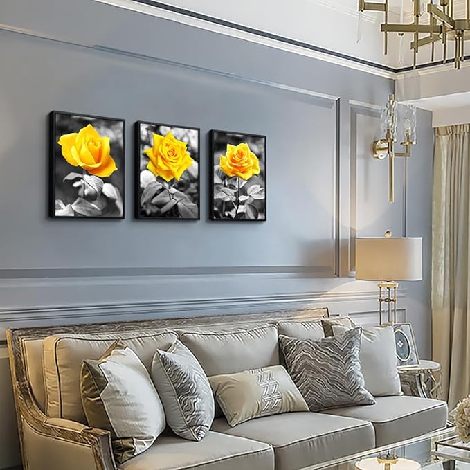 Black Framed Wall Art For Bedroom Living Room Wall Decor For Kitchen Office Decor Black And White Artwork Pictures Yellow Rose Flowers Print Frame Wall Painting Modern Room Home Decoration 3 Piece