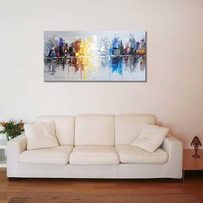 Large Hand Painted Abstract Reflection Cityscape Canvas Wall Art Modern Oil Painting Contemporary Decor Artwork (60 x 30 inch)