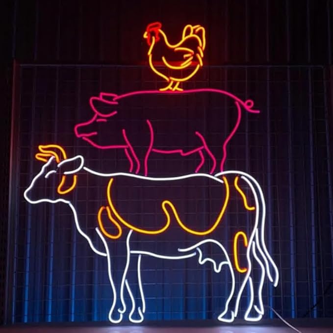 Cow Pig Chicken Farm & BBQ Restaurant Led Sign, Custom Neon Sign, Barbecue Restaurant Decor, Beef Pork Chicken Shop Wall Art Led Lights Size:28inch
