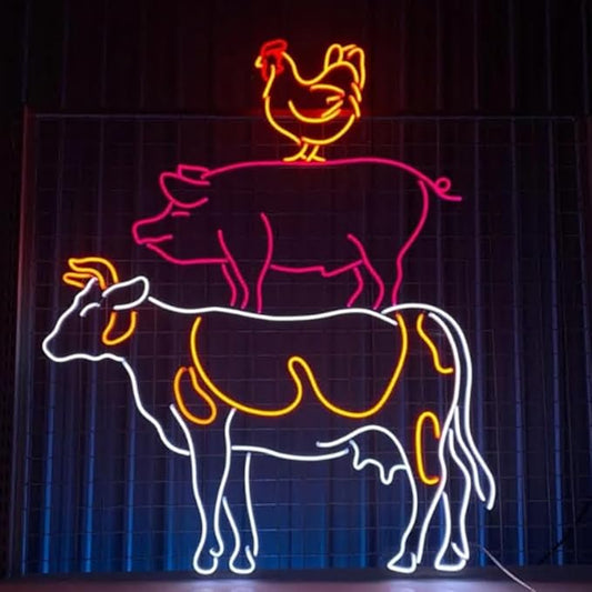 Cow Pig Chicken Farm & BBQ Restaurant Led Sign, Custom Neon Sign, Barbecue Restaurant Decor, Beef Pork Chicken Shop Wall Art Led Lights Size:28inch