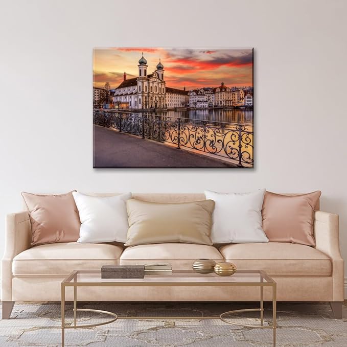 Mordern 1Pcs European Cityscape Canvas Wall Art Scenic Sunset Over River Cathedral with Domes Ready to Hang Architecture Romantic Travel Destination Decorative Framed Artwork for Living Rooms Bedrooms