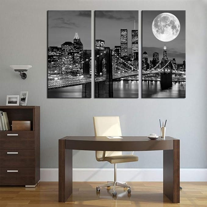 Biuteawal New York Skyline Wall Art Brooklyn Bridge Moon Night View Picture Canvas Print Black and White City Artwork Painting Modern Home Office Living Room Decoration