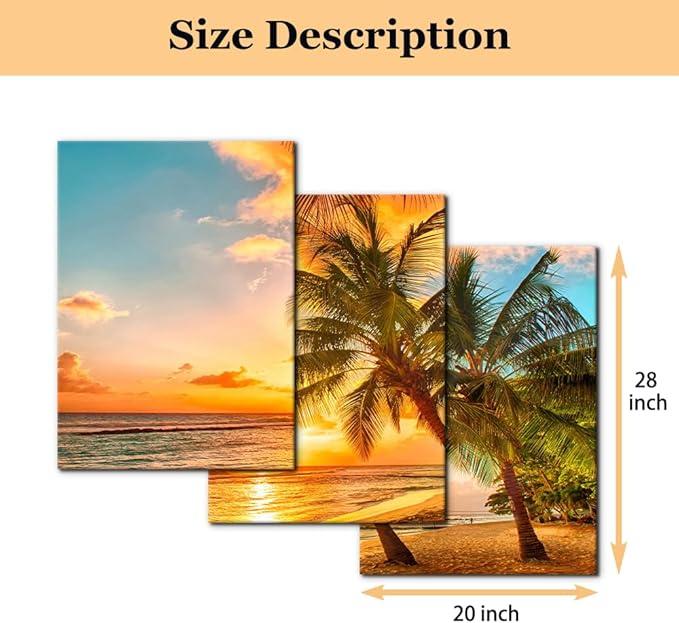 3 Panels Sea Landscape Modern Wall Art Ocean Sunset Canvas Prints Sea Beach Pictures Painting on Canvas Wall Art for Home Decor Gallery Wrapped Tropical Scenery Seascape Giclee Artwork - 20"x28"x3