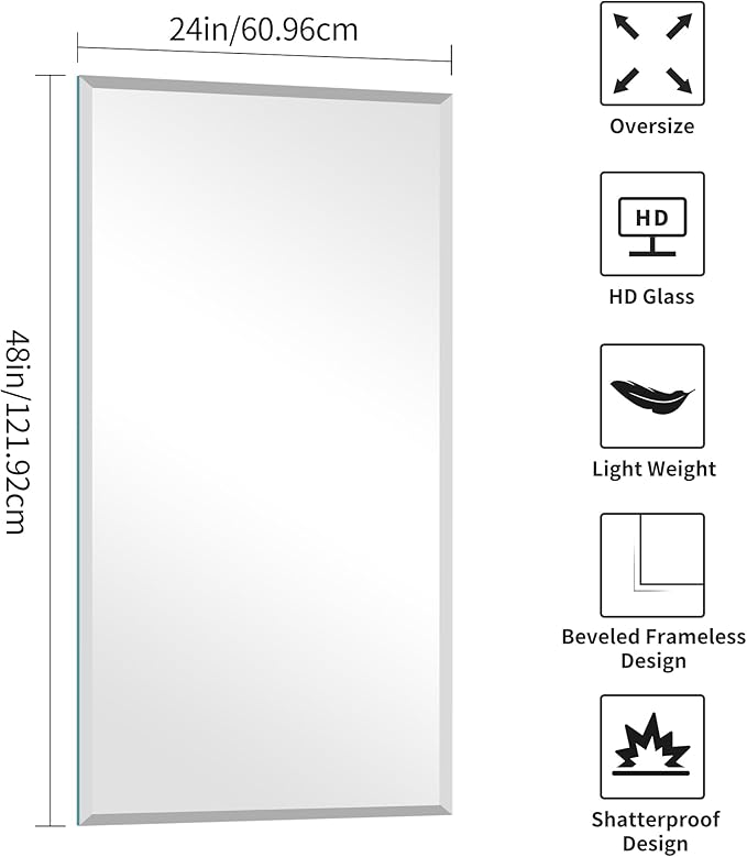 KOCUUY Beveled Mirror, 24x48 Inch Frameless Bathroom Mirror for Over Sink, Upgraded Shatterproof Beveled Unframed Design Mirror for Bathroom, Bedroom, Hang Horizontal/Vertical
