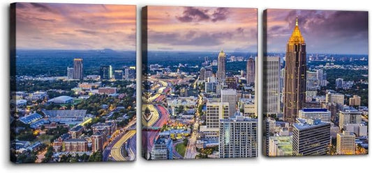Pacimo Atlanta Cityscape Wall Art Painting Georgia City Skyline Pictures Print on Canvas for Home Decoration Downtown Skyscrapers Painting Stretched and Framed Ready to Hang - 12"x16"x3 Panels