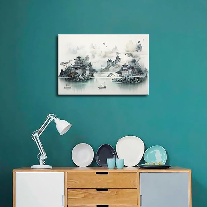 Oriental Inspired Traditional Chinese Landscape Painting Poster Canvas Wall Art Picture Print Modern Home Bedroom with Frameless Decor (Framed,24×36inch)