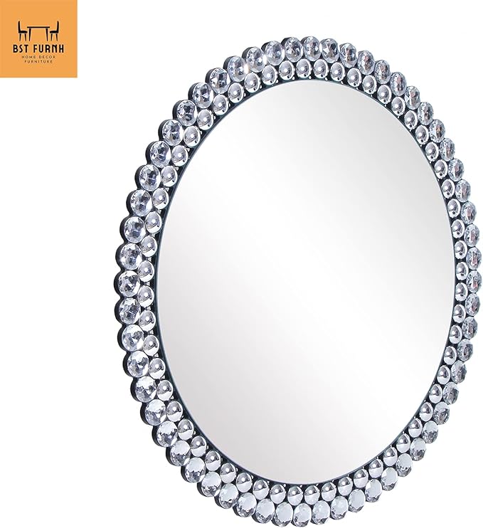 BST FURNH Round Mirror Wall Decor 24 Inches Decorative Wall Mirror with Irregular Framed and Beveled Edge Mirrors for Wall Silver Large Wall Mirror Frameless Mirrors