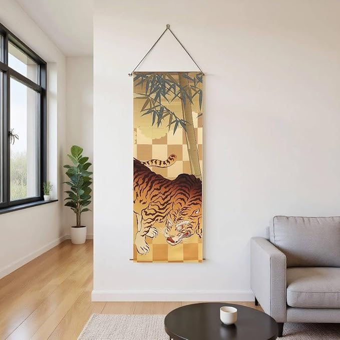 Japanese Tapestry Wall Art Scroll - Feng Shui & Lucky Symbols | W15.7xH47.2", Extra Long Vertical Hanging Decor for Bedroom, Living Room, Office Tiger CTT-10