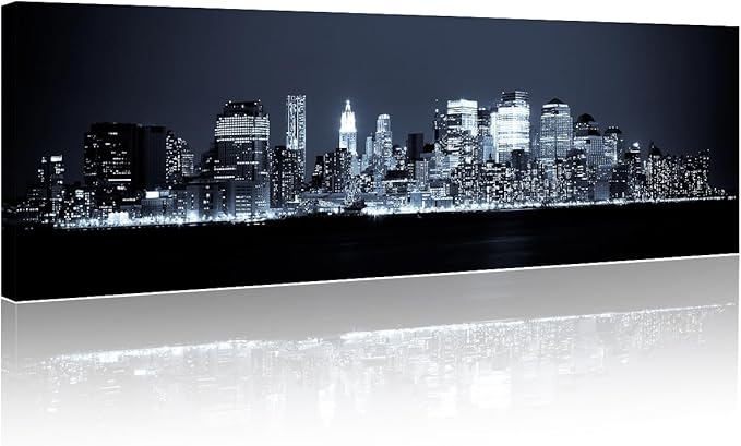 New York Skyline Canvas Wall Art Manhattan Wall Art for Living Room Cityscape at Night Pictures for Bedroom Modern Home Decor Office Bathroom Decorations Artwork Framed Ready to Hang 12x46 Inch