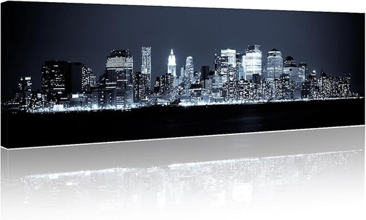New York Skyline Canvas Wall Art Manhattan Wall Art for Living Room Cityscape at Night Pictures for Bedroom Modern Home Decor Office Bathroom Decorations Artwork Framed Ready to Hang 12x46 Inch