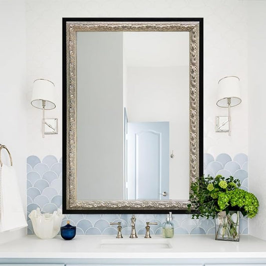 Large Vintage Wall Mirror for Vanity, 40"x28", Black Antique Mirror with Silver Foil Flower Petal Carvings Wooden Frame for Living Room, Entryway, Bathroom and Bedroom