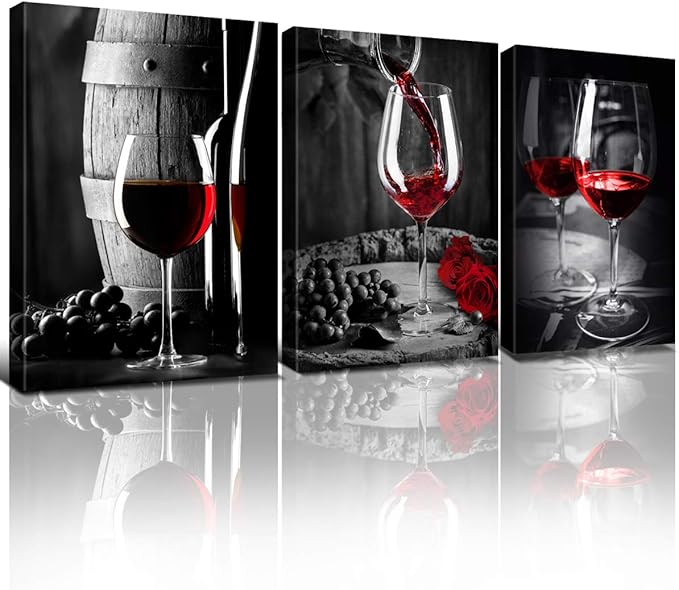 Kitchen Wall Art for Dining Room Red Wine Decor Glass Cup Barrel Bar Canvas Picture Painting Black and White Vintage Artwork Fruit Goblet Poster Decorations Family Restaurant Bedroom 24x32 Inch 3pcs