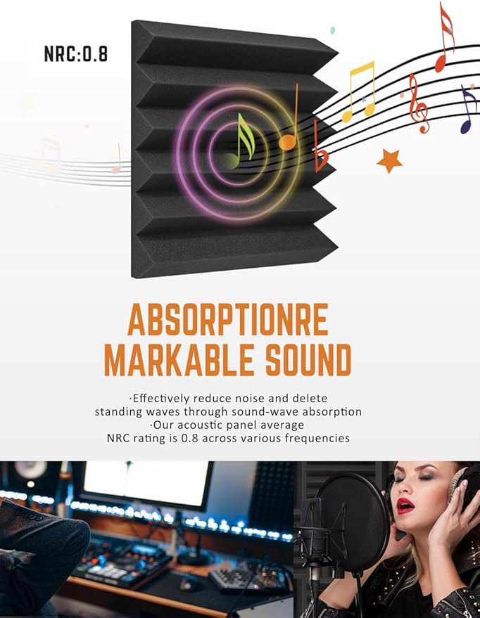 Acoustic Foam Panels 12 Pack 2" x 12"x 12" Saiqiang Soundproofing for Wall Noise Absorbing Sound-Damping Black Sound Insulation Wedges Fire-Resistant Sound Proof for Studio, Office, Gaming Room