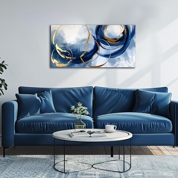 Abstract Wall Art Nave Blue Modern Canvas Pictures Art Print Gold Contemporary Artwork Painting Decor for Living Room Bedroom Home Office Decorations 24x48inches