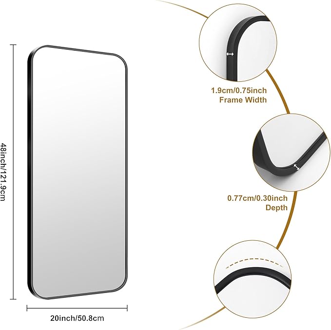 KOCUUY Black Rectangle Mirror, 20" x 48" Metal Frame Mirror with Rounded Corner, Classic Design of Upgraded Shatterproof Glass for Bathroom, Bedroom, Living Room, Entryway