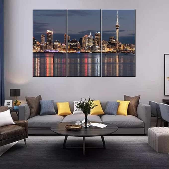 Modern Wall Art New Zealand Skyline Poster Auckland CBD at Night Picture Canvas Prints for Home Office Bedroom Decor City Cityscape Painting Stretched and Framed Ready to Hang 40‘’x20‘’x3 panels