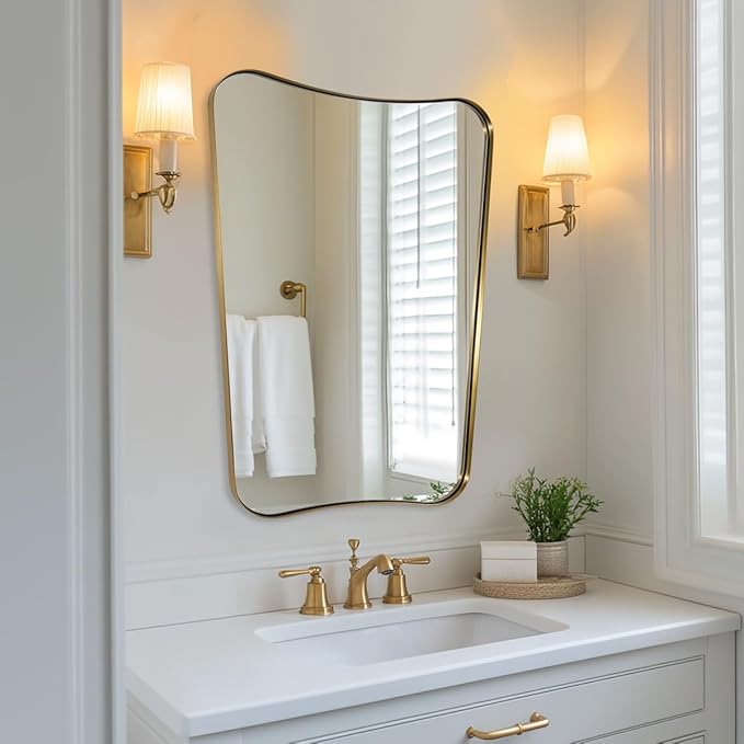 ANDY STAR Gold Vanity Mirror, 22x30 Inch Brushed Gold Bathroom Mirror, Antique Brass Asymmetrical Mirror in Rust-Proof Stainless Steel Metal Frame, Unique Butterfly Shape, Ideal for Home Remodel