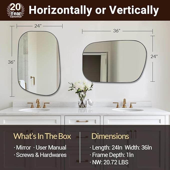 ANDY STAR 24"x36" Black Bathroom Mirror, Irregular Wall Mirror in Stainless Steel Metal Frame, Modern Matte Black Finish with Curved Edge Design, Wall-Mount Vertically or Horizontally