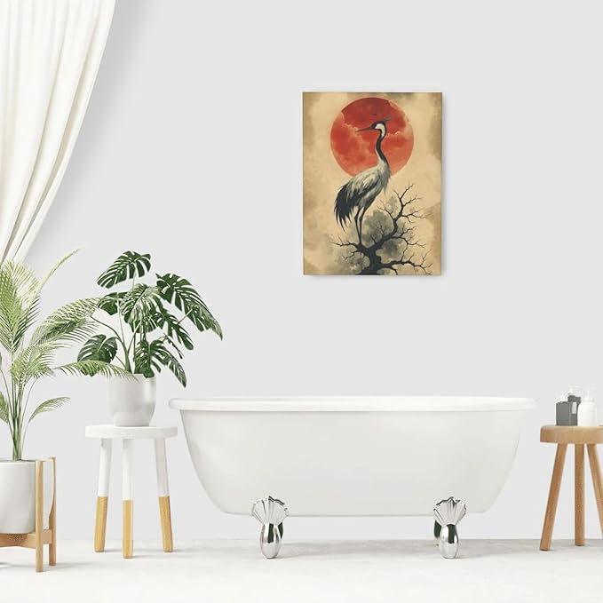 Japanese Crane Wall Art Oriental Asian Wall Decor Sandhill Crane Canvas Pictures Paintings Prints Japan Traditional Aesthetic Artwork Framed Chinese Decorations For Bedroom Living Room Office Gifts 12" x 16"