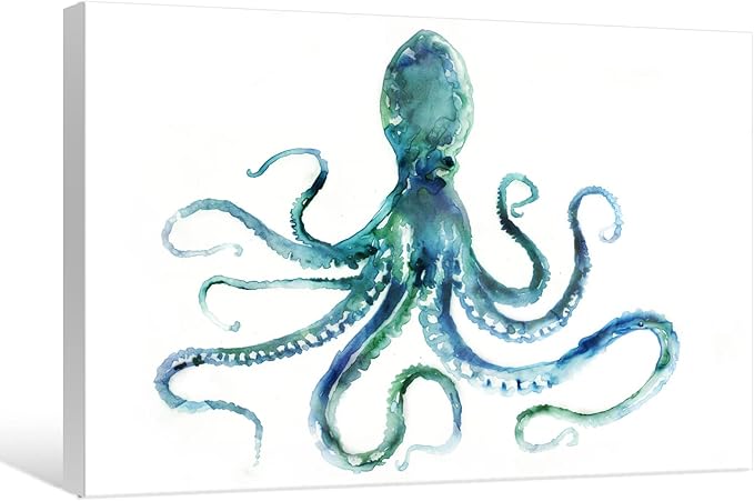 Blue Octopus Canvas Wall Art by Edward Selkirk Coastal Wall Decor Nautical Ocean Animal Watercolor Marine life Sea Picture Framed Large Size Artwork for Living Room Bedroom Home Decoration 48x32 Inch