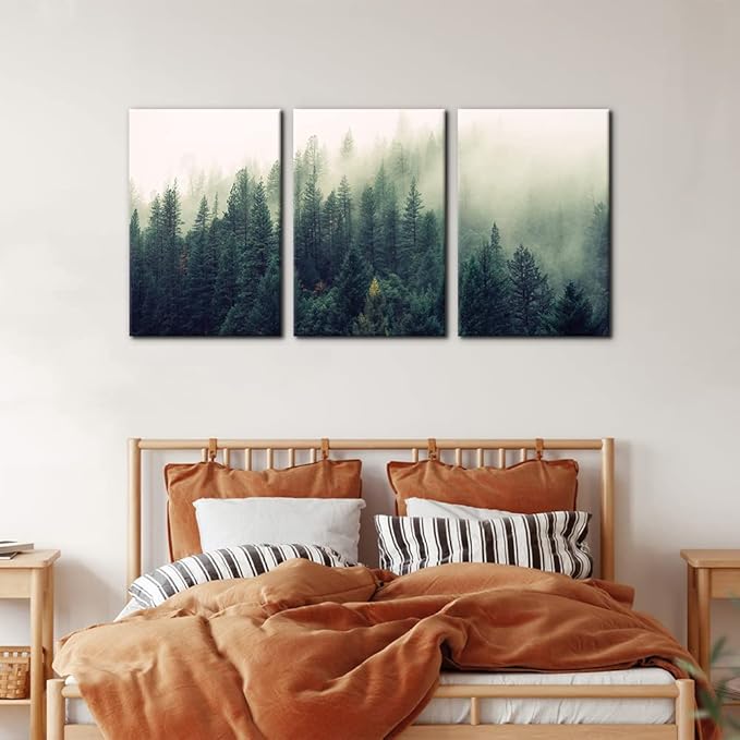 Pacimo Canvas Print Wall Art Set Aerial View of Pine Trees in Mist Nature Wilderness Photography Realism Rustic Scenic Modern Artwork Decor Stretch and Framed Ready to Hang - 16"x24"x3 Panels