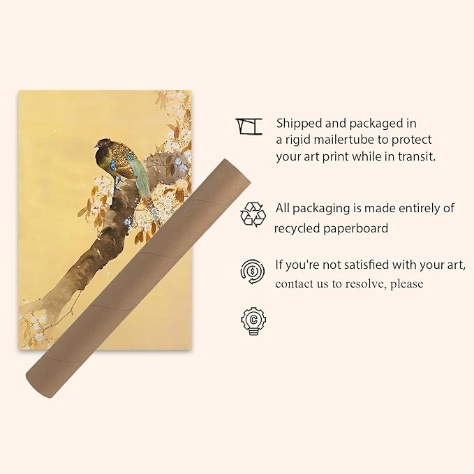 OZCONO Japanese Birds and Pine Trees Wall Art Print, Pink Sky Nature Scene, Gallery Quality Giclée Print, UV-Resistant Inks (24L x 16W)