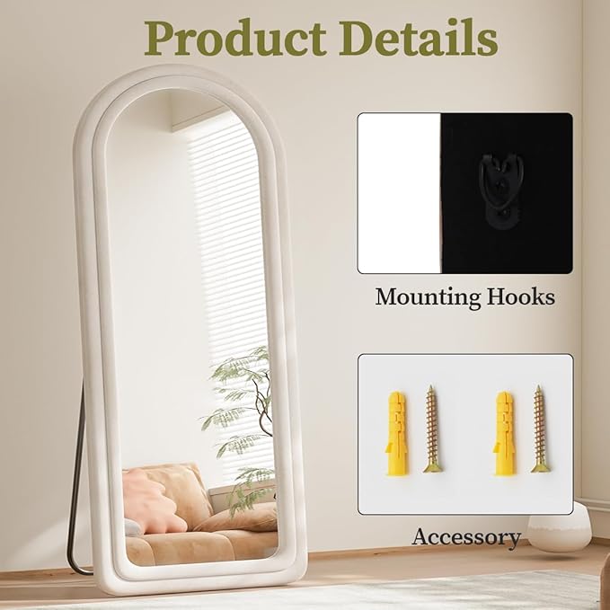 Koonmi 63"x24" Arched Mirror Full Length, Full Body Freely Standing Mirror, Flannel Floor Mirror with Stand for Bedroom, Living Room, Hanging or Against The Wall, White