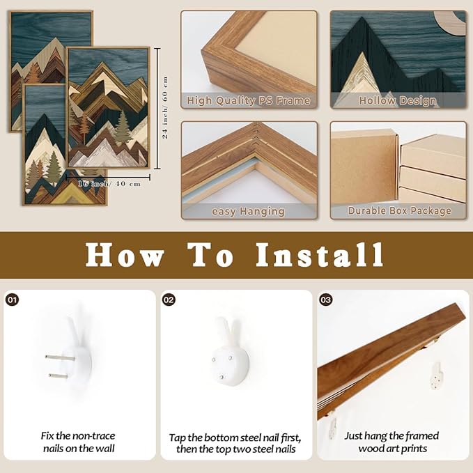 BINCUE Framed Mountain Wall Art Landscape Wall Decor Moon and Nature Artwork for Bedroom Living Room Office 16x24 Inches Set of 3