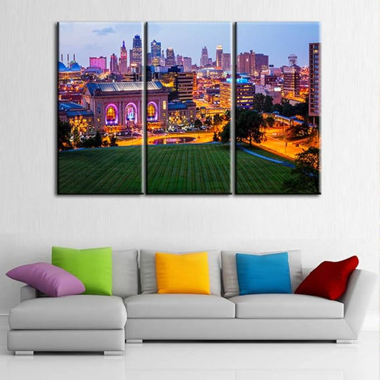 Kansas Cityscape Canvas Print Downtown Kansas City Skyline as Night Falls in Kansas City Canvas Wall art Large Size Gallery Wrapped Canvas on Pine Wooden Frame and Stretch - 40‘’ x 20‘’ x 3 panels