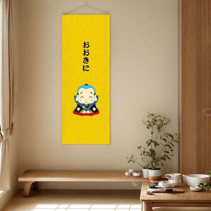 Japanese Tapestry Wall Art - Good Fortune Feng Shui & Lucky Symbols | W15.7xH47.2", Long Vertical Hanging Decor for Bedroom, Living Room, Office | Washable Fabric with Calming Zen Design (Little Monk)CTT-133