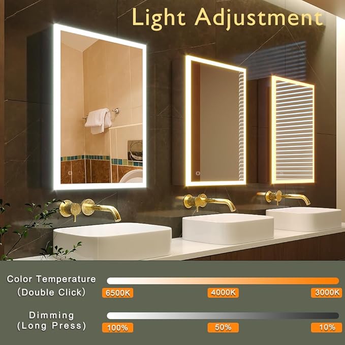 KWW LED Lighted Bathroom Medicine Cabinet with Sockets & USBs, Dimmable, 3 Color Light Makeup Mirror, Easy to Install, Wall Mounted Cabinet (Left Hinge, 19.5 * 28)