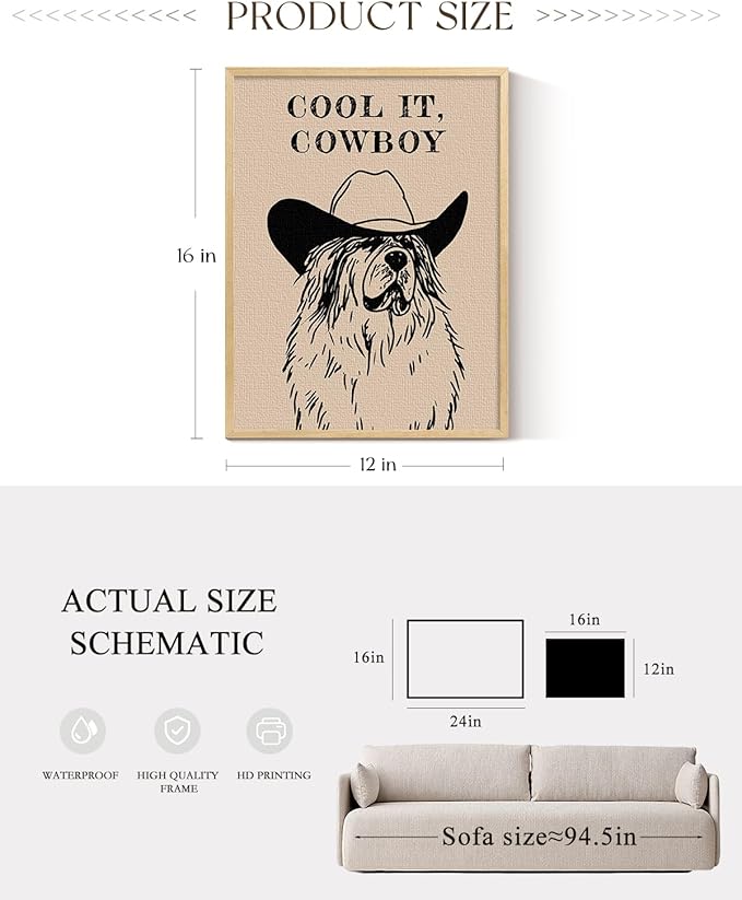 ARPEOTCY Small Framed Canvas Wall Art, 12x16in, Vintage Cowboy Dog Art(Cool It, Cowboy), Trendy Western Room Wall Decor for Bedroom, Country Retro Artwork
