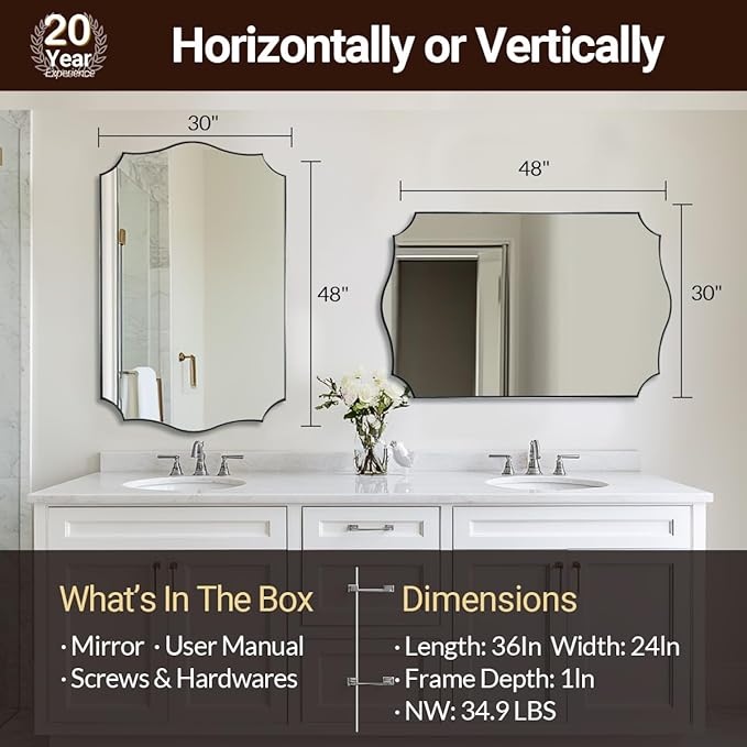 ANDY STAR 30x48 Inch Large Chrome Mirror, Polished Chrome Bathroom Mirror, Modern Rectangle Mirror with Wavy Design Ideal for Home Decor, Rust-Proof Stainless Steel Metal Frame