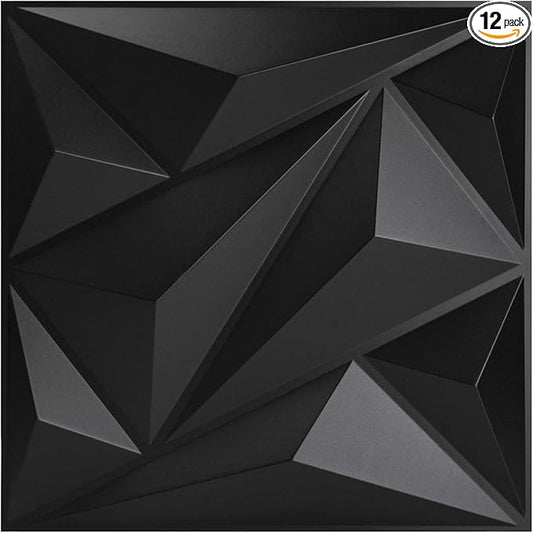 Art3dwallpanels PVC 3D Wall Panel Diamond for Interior Wall Décor in Black, 19.7" x 19.7" Wall Decor PVC Panel, 3D Textured Wall Panels, Pack of 12 Tiles