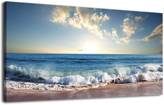 arteWOODS Sunset Beach Canvas Wall Art Ocean Waves Pictures Seascape Nature Painting Print Artwork for Living Room Bedroom Office Home Wall Decor 29" x 58"