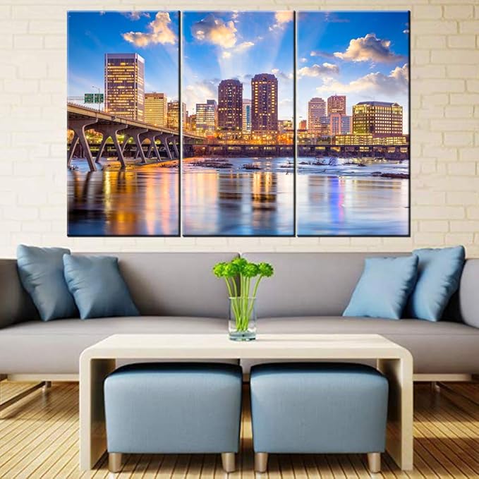 Native American Painting Richmond Virginia Pictrues USA Cityscape Wall Art Canvas Contemporary Artwork Home Decor for Living Room Giclee Wooden Framed Gallery-wrapped Ready to Hang 40‘’x20‘’x3 Pcs