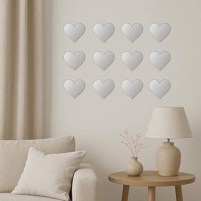 BugyBagy Acrylic Wall Mirror Collection – Silver Plexiglass Decorative Mirrors – Modern Peel-and-Stick Shatter-Resistant Wall Décor for Nursery, Bedroom & Living Room (1, 12PCS Hearts)