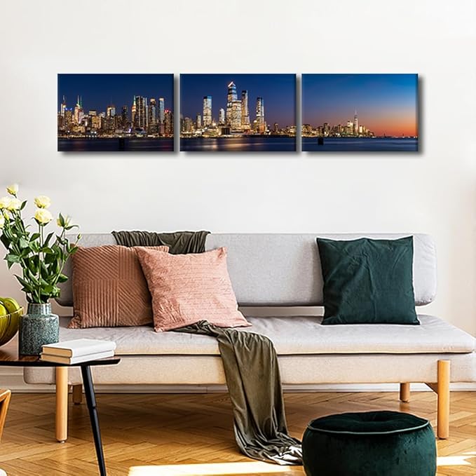 Black and White Wall Art View Across Hudson River of Skyscrapers of New York City Pictures Cityscape Paintings Canvas Artwork Urban Buildings Posters Prints Modern Decor Ready to Hang 14x60 Inch