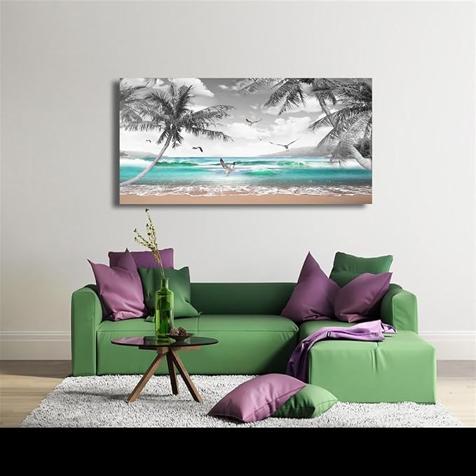 Beach Palm Pictures Canvas Wall Art For Living Room Bedroom Wall Decor,Sea Wave Wall Art Print Paitnings For Home Decor,Morden Artwork Coconut Tree Canvas Art Ready To Hang-28x57 Inches