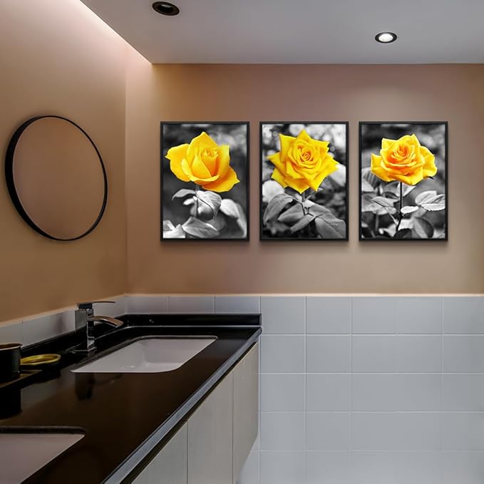 Black Framed Wall Art For Bedroom Living Room Wall Decor For Kitchen Office Decor Black And White Artwork Pictures Yellow Rose Flowers Wall Painting Modern Room Home Decor 3 Piece Framed Art Prints