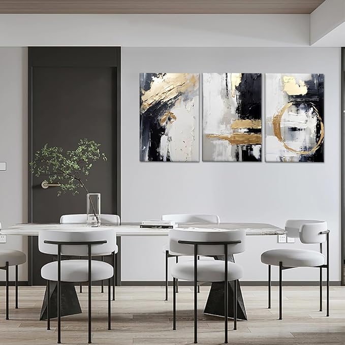 MAMAGO Large Scale Abstract Wall Art Monochrome with Gold Accents Abstract Painting Ideal for Stylish Interiors like Living Room Office Framed Ready to Hang - 20x28 inch x3pcs