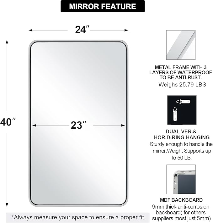 ANDY STAR Chrome Mirrors for Bathroom, 24x40’’ Chrome Rounded Rectangle Mirror Stainless Steel Metal Tube Framed (Anti-Rust), Wall-Mounted Horizontal/Vertical