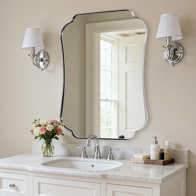 ANDY STAR 30"x40" Chrome Bathroom Mirror, Decorative Scalloped Shape Wall Mirror with Stainless Steel Frame, Modern Wave-Edge Design for Vanity, Hallway, Lounge Decor