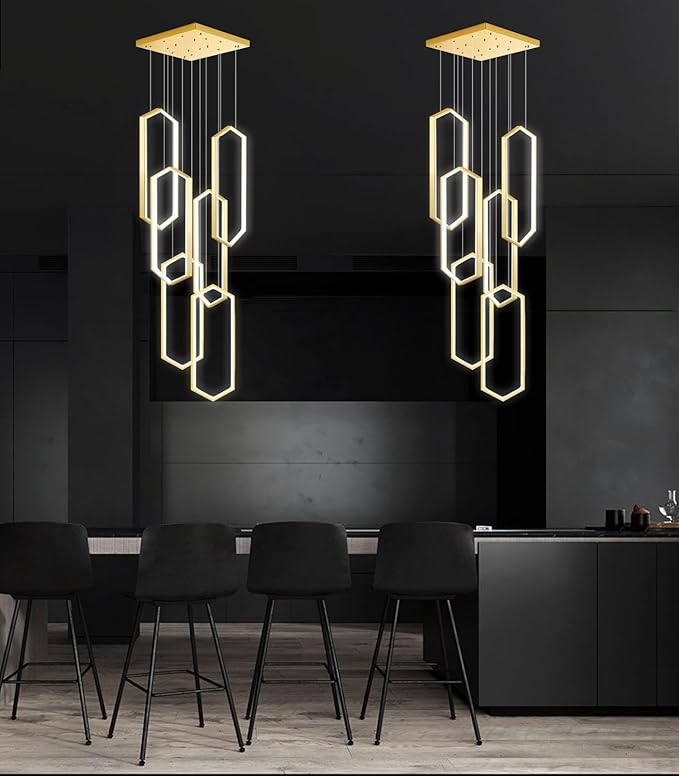6 Rings Modern Chandelier LED Dimmable Pendant Lighting Adjust Flush Mount Ceiling Light for Foyer Lobby Living Room Staircaes Gold