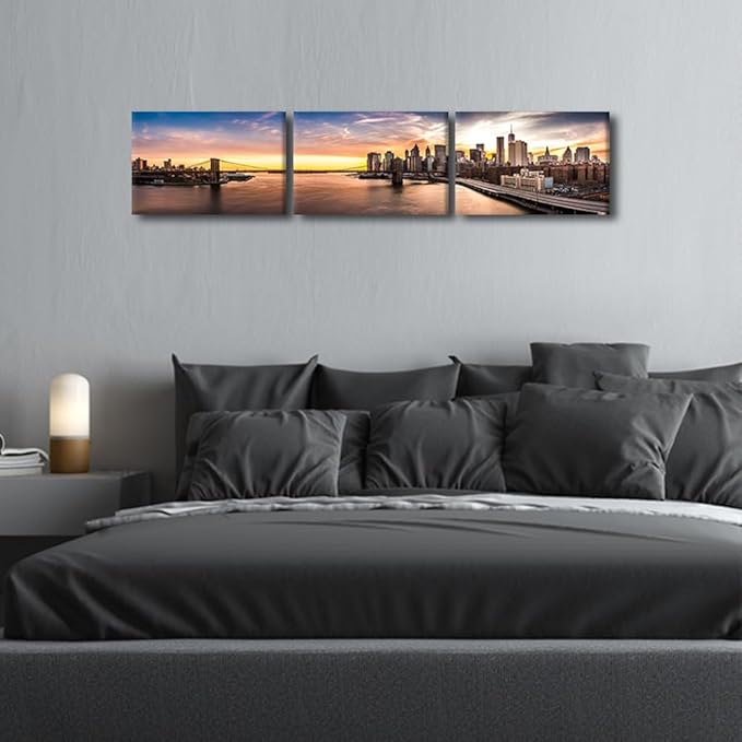 New York Cityscape Wall Art Painting on Canvas Brooklyn Bridge Panorama at Sunset Bedroom Wall Art Modern Home Decor House Decorations for Living Room Bathroom Pictures Framed Ready to Hang 12x48 Inch